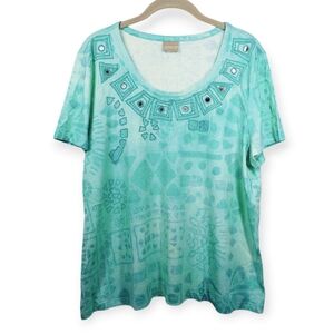Chico's Green Mirror Embellished Short Sleeves Top Size Large